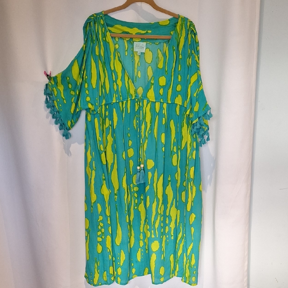 True Destinations Vibrant Green and Yellow Swim Dress with Tassel Detail Size XL